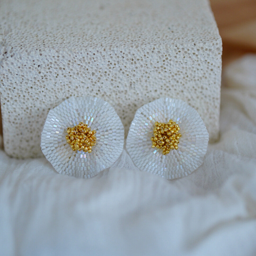 Clean White Flower Beaded Earrings,Large Stud Earrings (about 5cm),Lumivault.