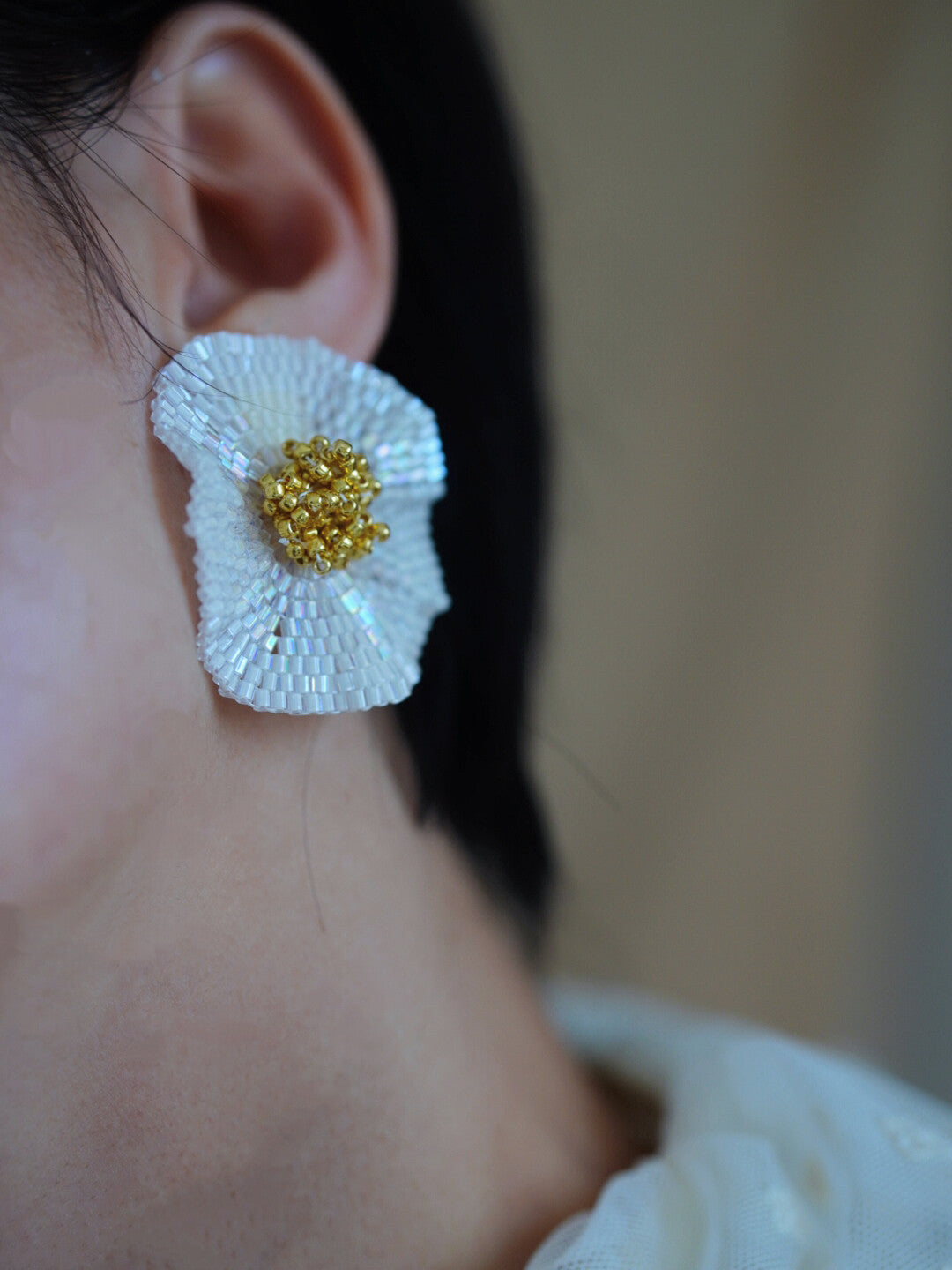 Clean White Flower Beaded Earrings,Small Stud Earrings (about 4cm),Lumivault.