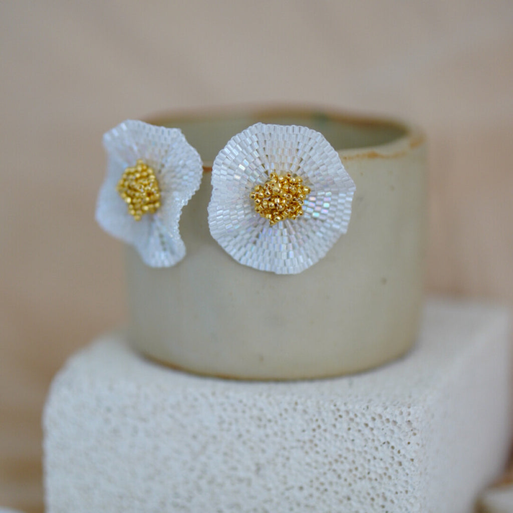 Clean White Flower Beaded Earrings,Lumivault.