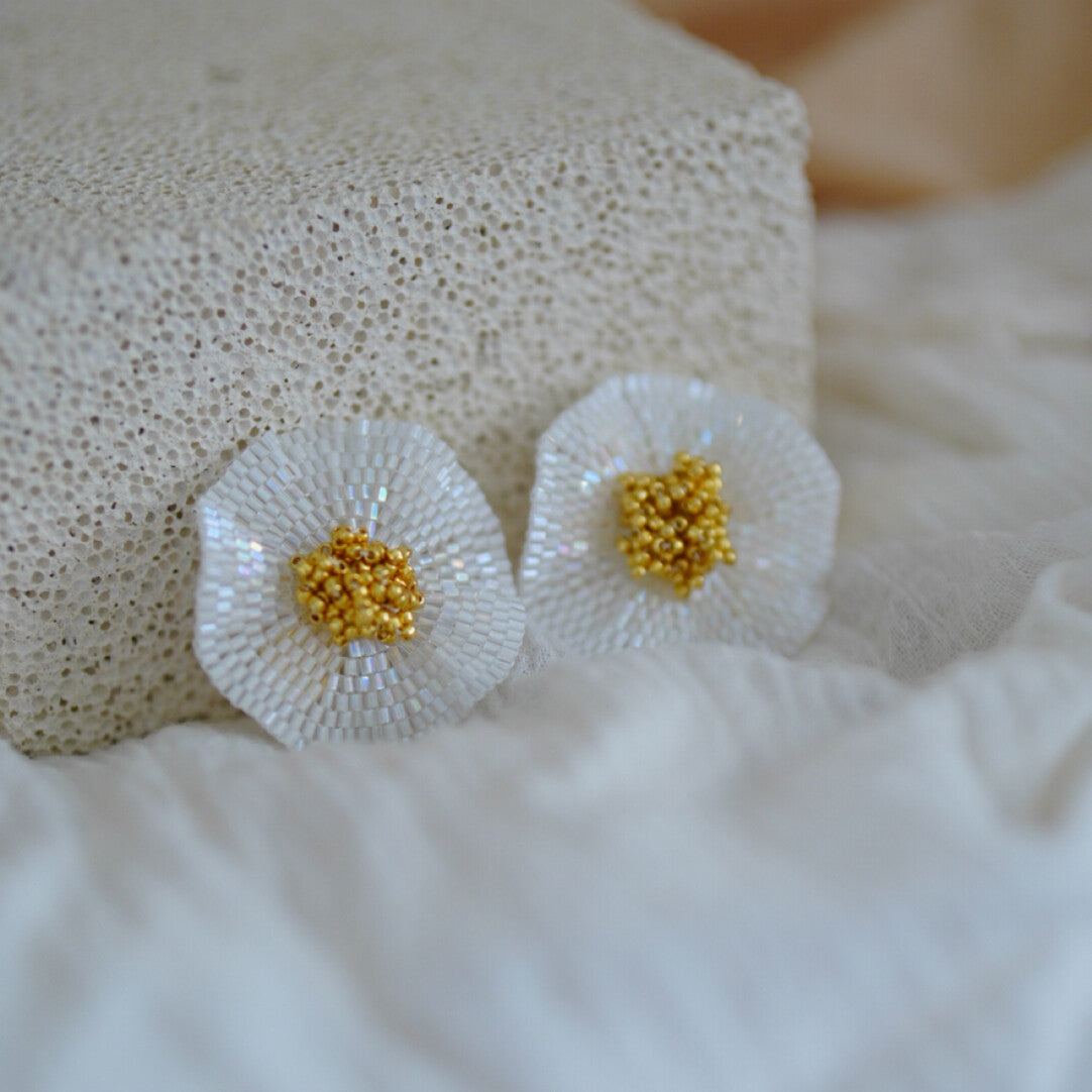 Clean White Flower Beaded Earrings,Lumivault.