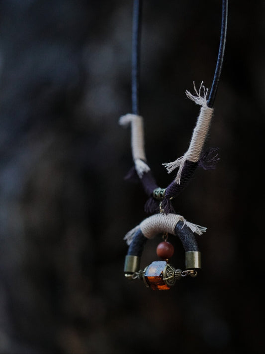 Leather Braided Sandalwood Glass Necklace - Lumivault