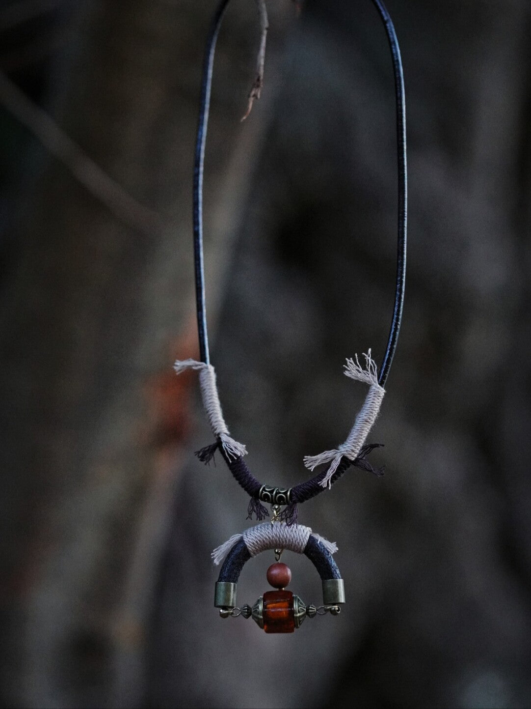 Leather Braided Sandalwood Glass Necklace,Lumivault.