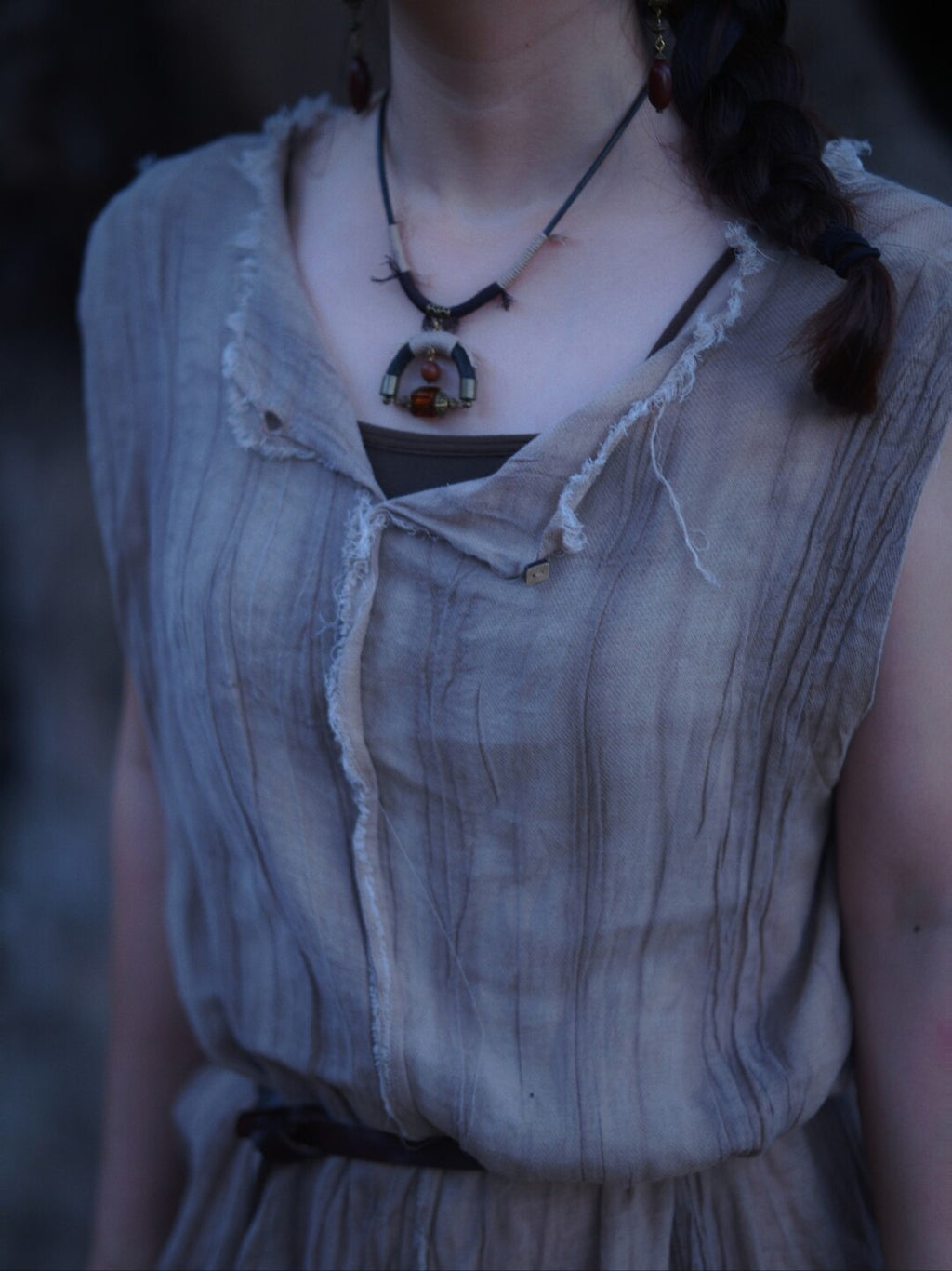 Leather Braided Sandalwood Glass Necklace,Lumivault.