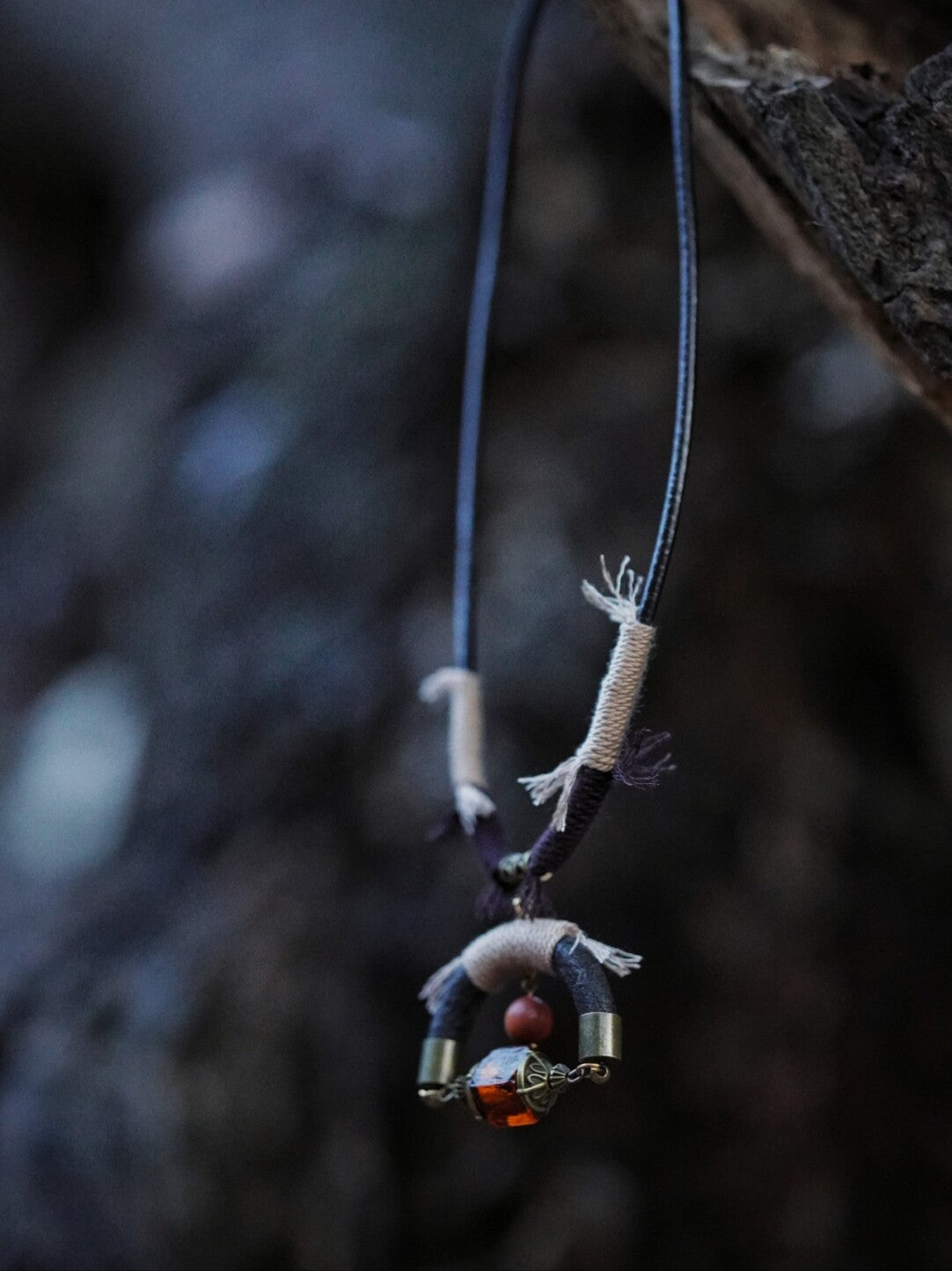 Leather Braided Sandalwood Glass Necklace,Lumivault.