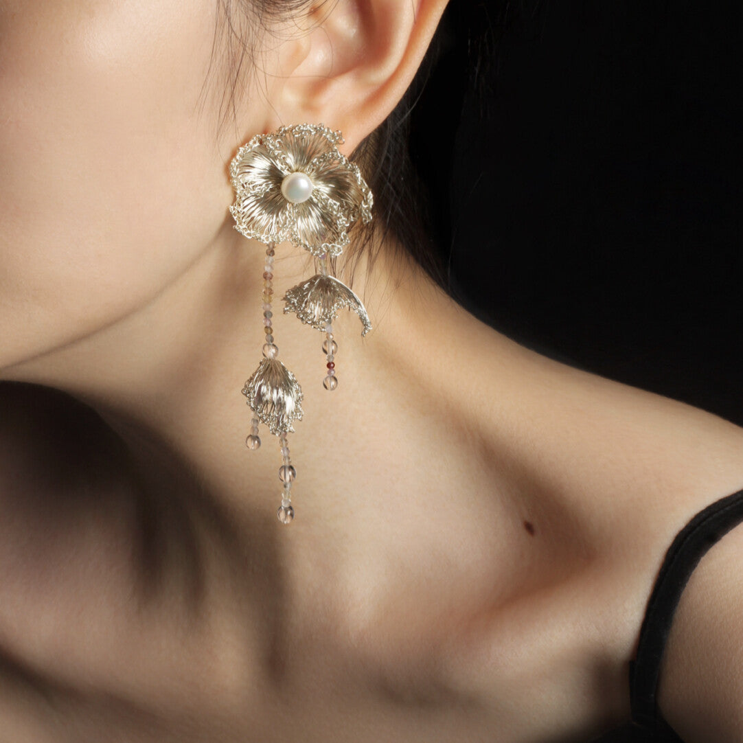 Crochet Hawthorn Flowers Tassel Earrings,Lumivault.
