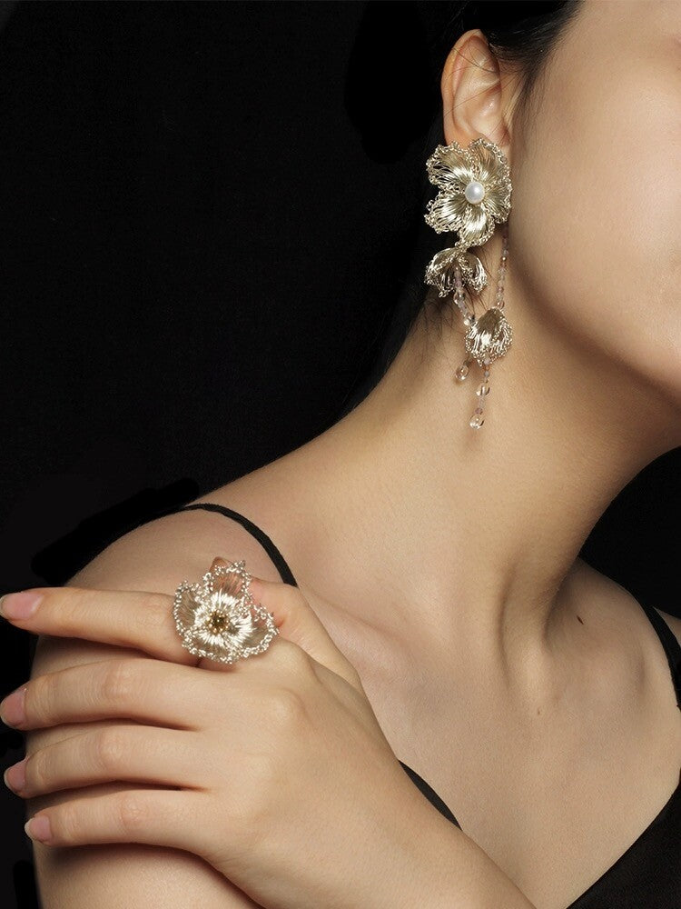 Crochet Hawthorn Flowers Tassel Earrings,Lumivault.