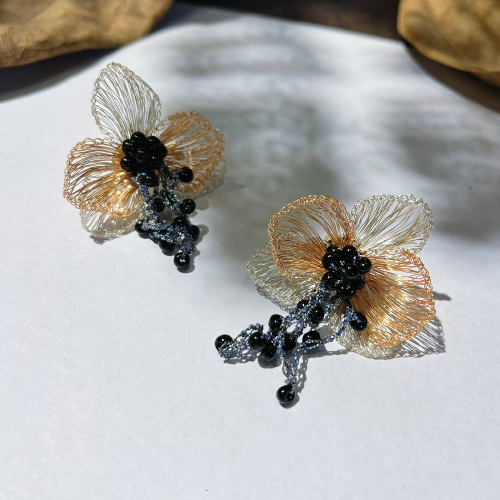 Crocheted Orchid Earrings,Gold,Lumivault.