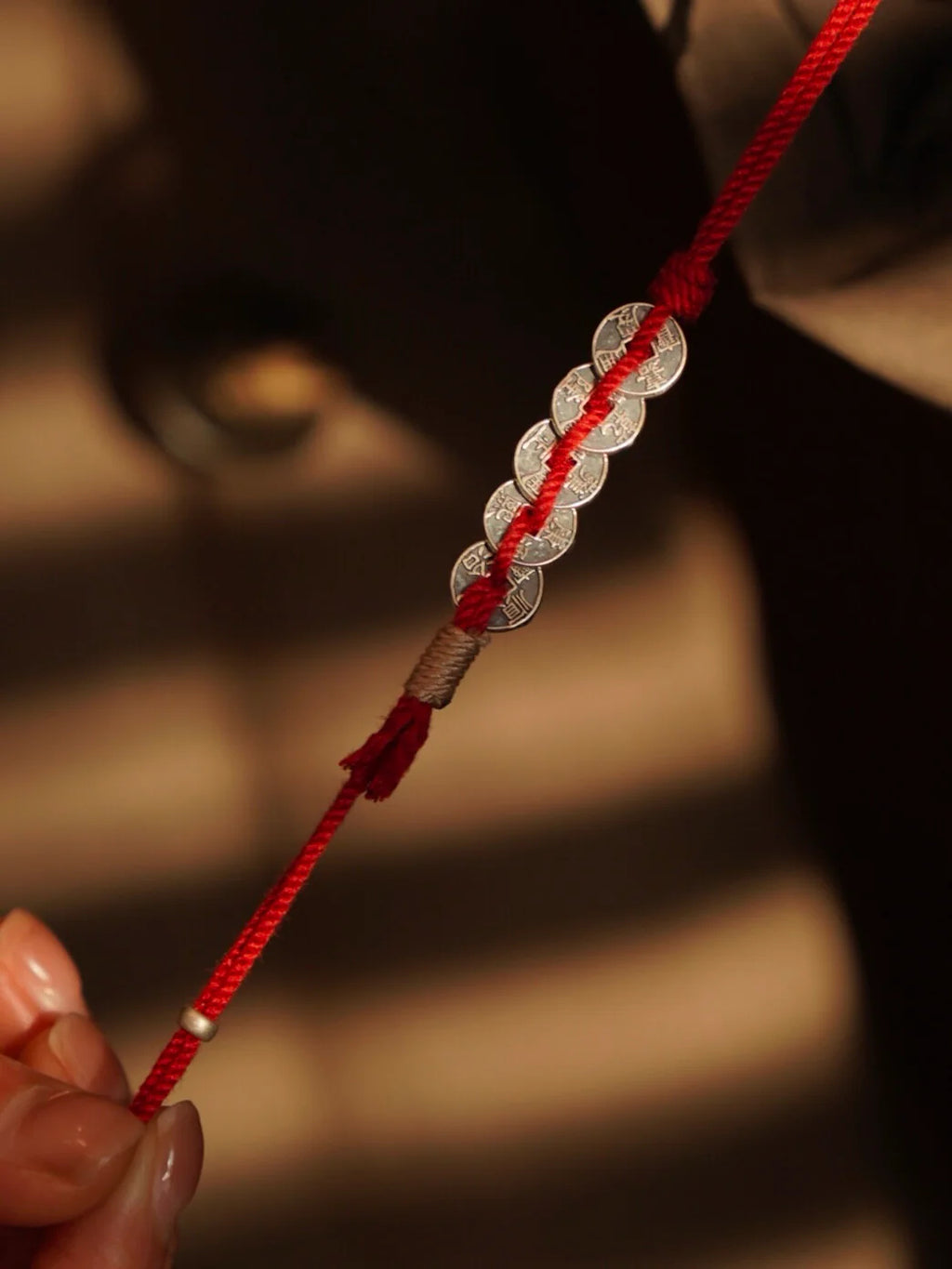 Five Blessings Silver Coins Braided Beaded Bracelet,Red / 14cm,Lumivault.