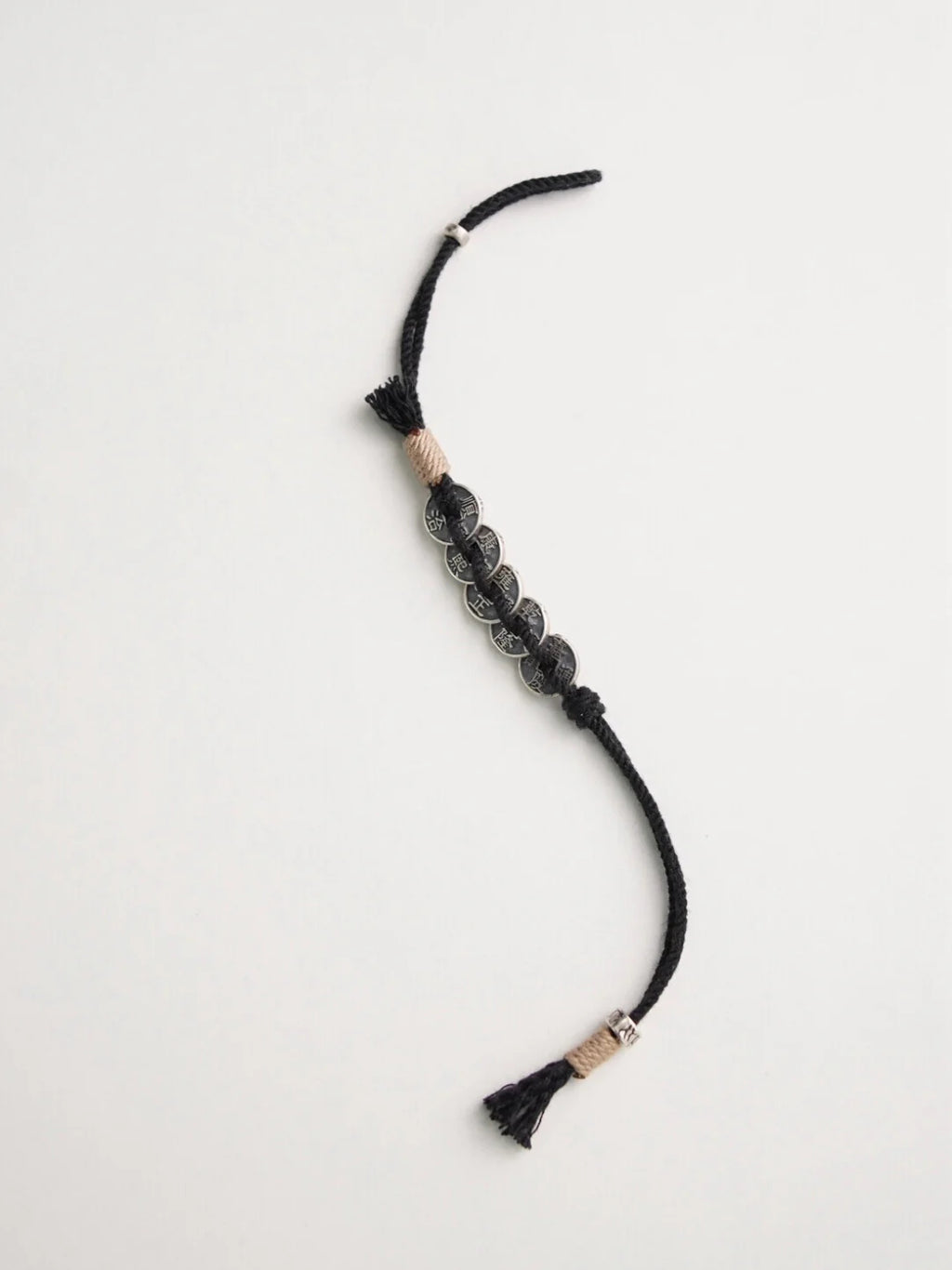 Five Blessings Silver Coins Braided Beaded Bracelet,Black / 14cm,Lumivault.
