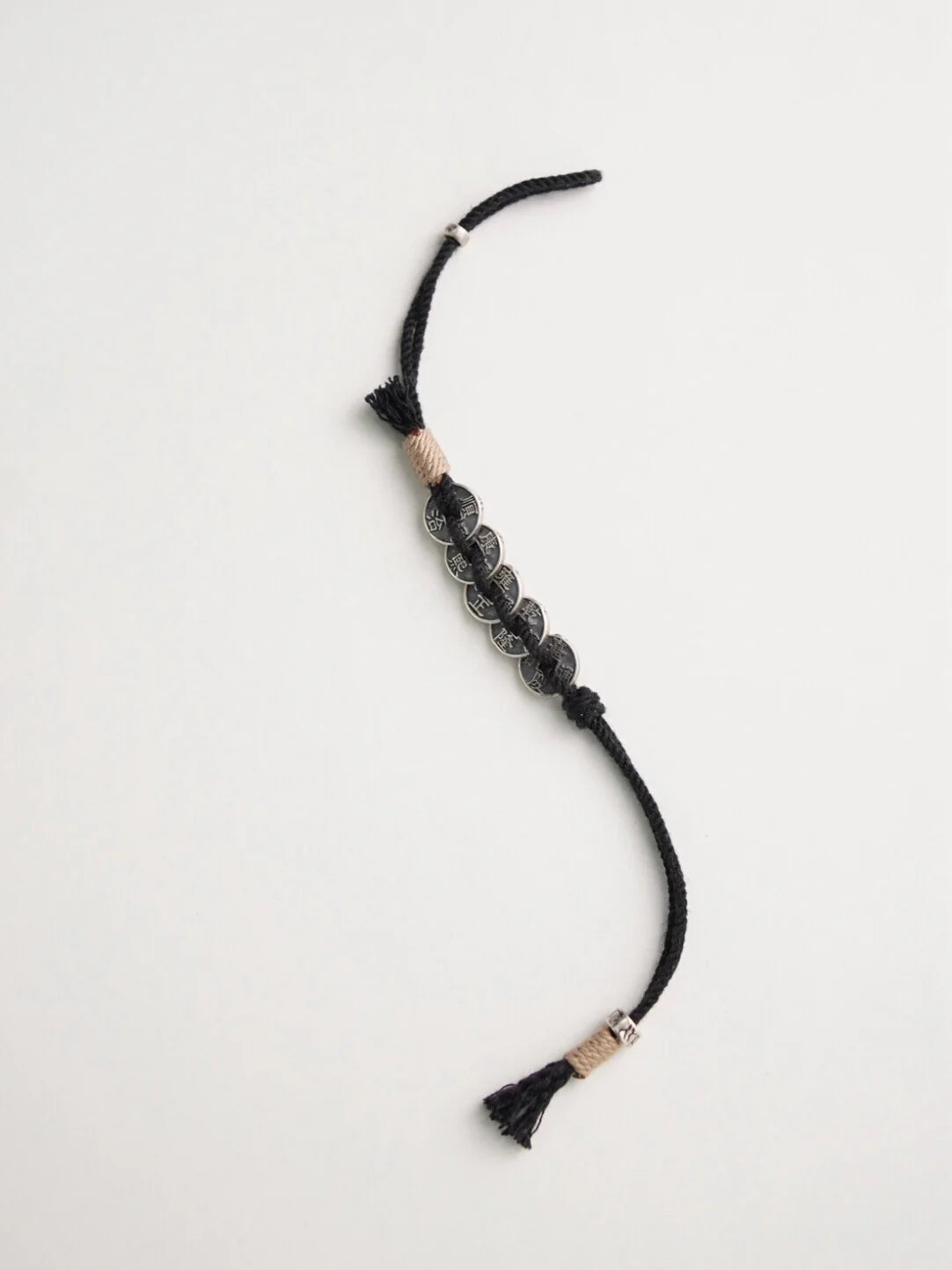Five Blessings Silver Coins Braided Beaded Bracelet,Black / 14cm,Lumivault.
