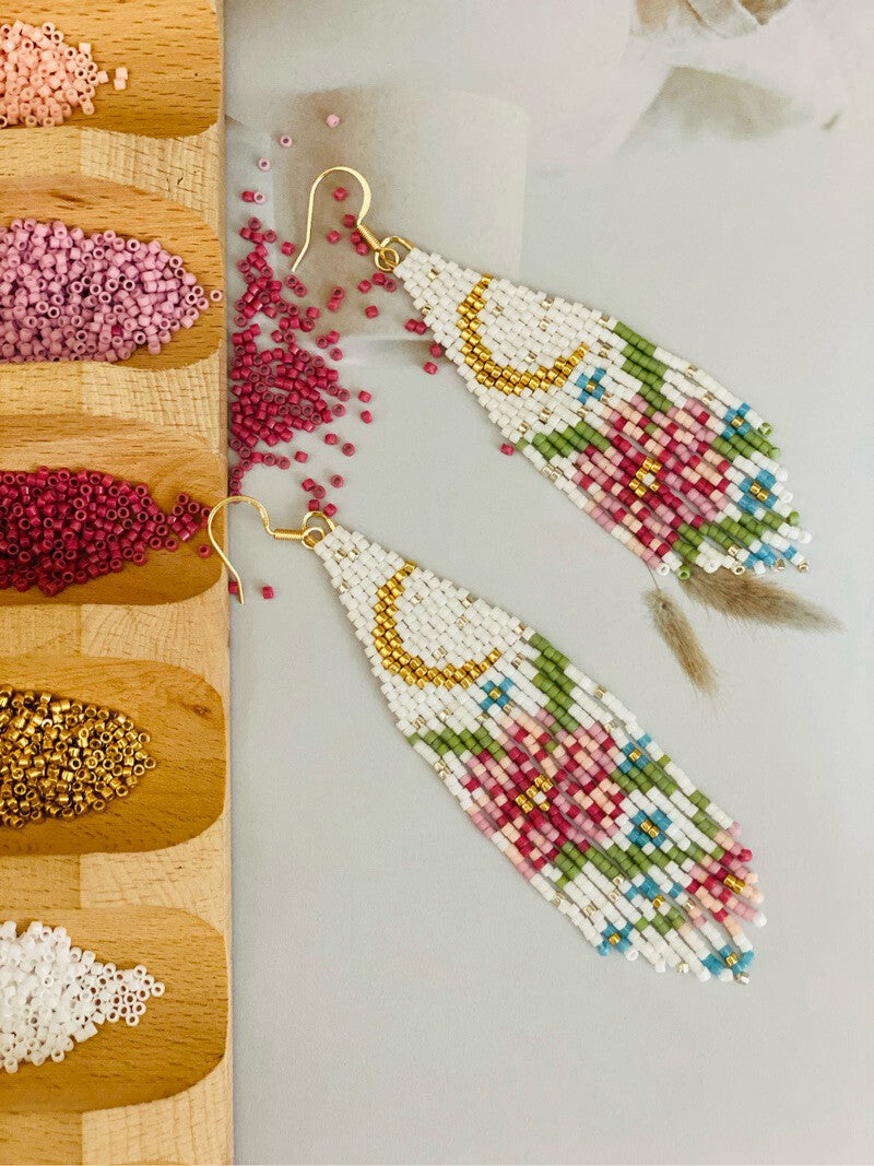 Flower Moonlight MIYUKI Beaded Earrings,White Long / Studs,Lumivault.