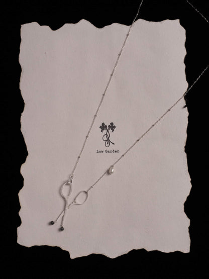 Four-Leaf Clover Scissors Obsidian Pearl Necklace