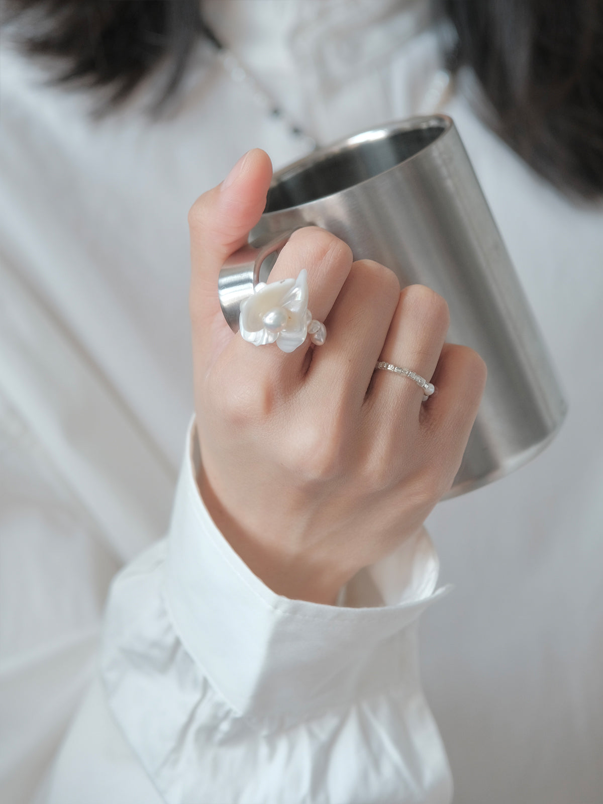 Freshwater Pearl Petal Stacked Elastic Ring,Lumivault.