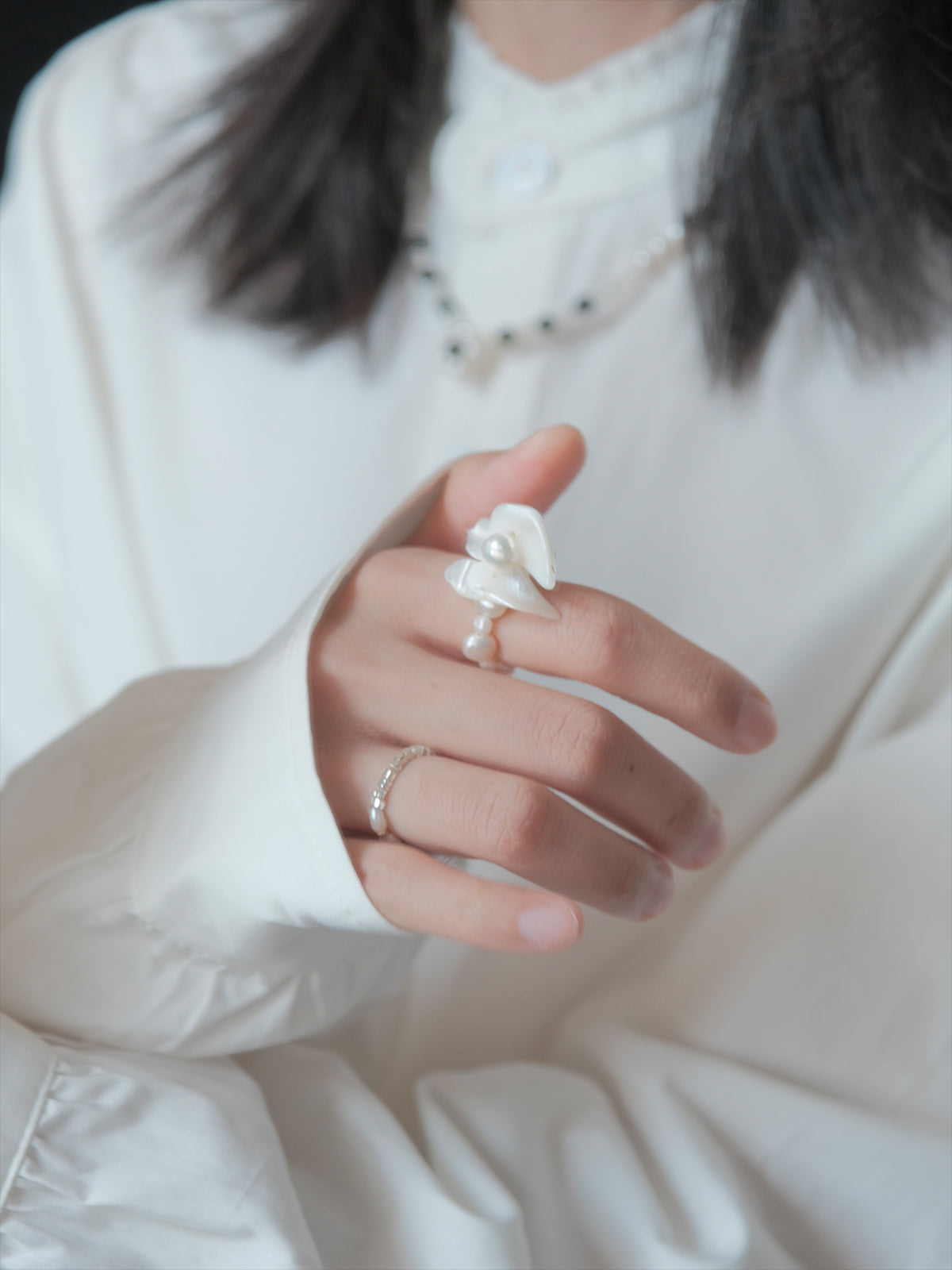 Freshwater Pearl Petal Stacked Elastic Ring,Lumivault.