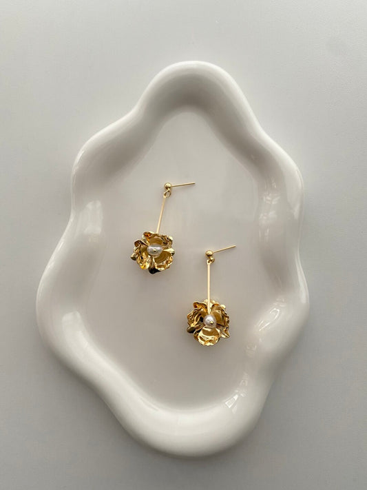 Gold Flower Pearl Drop Earrings - Lumivault