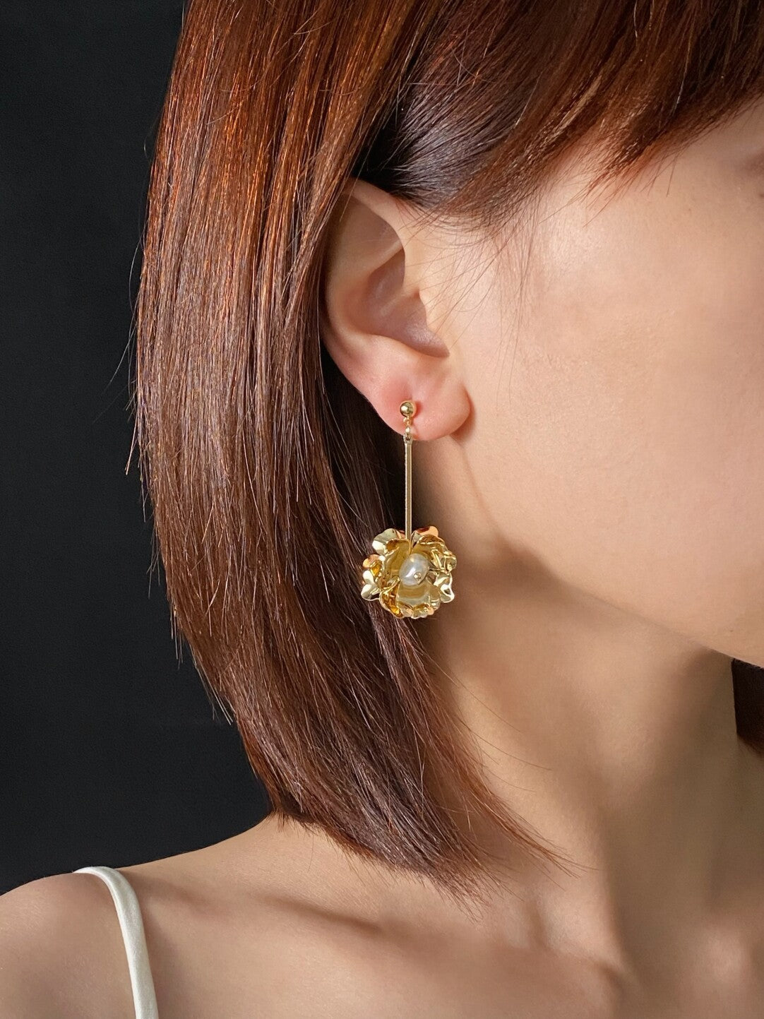 Gold Flower Pearl Drop Earrings,Lumivault.