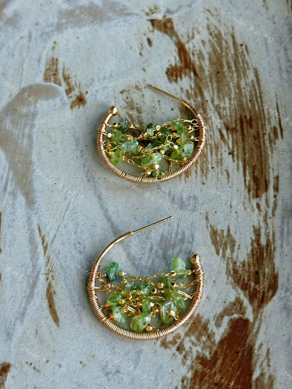 Green Quartz Irregular Winding Earrings,Lumivault.