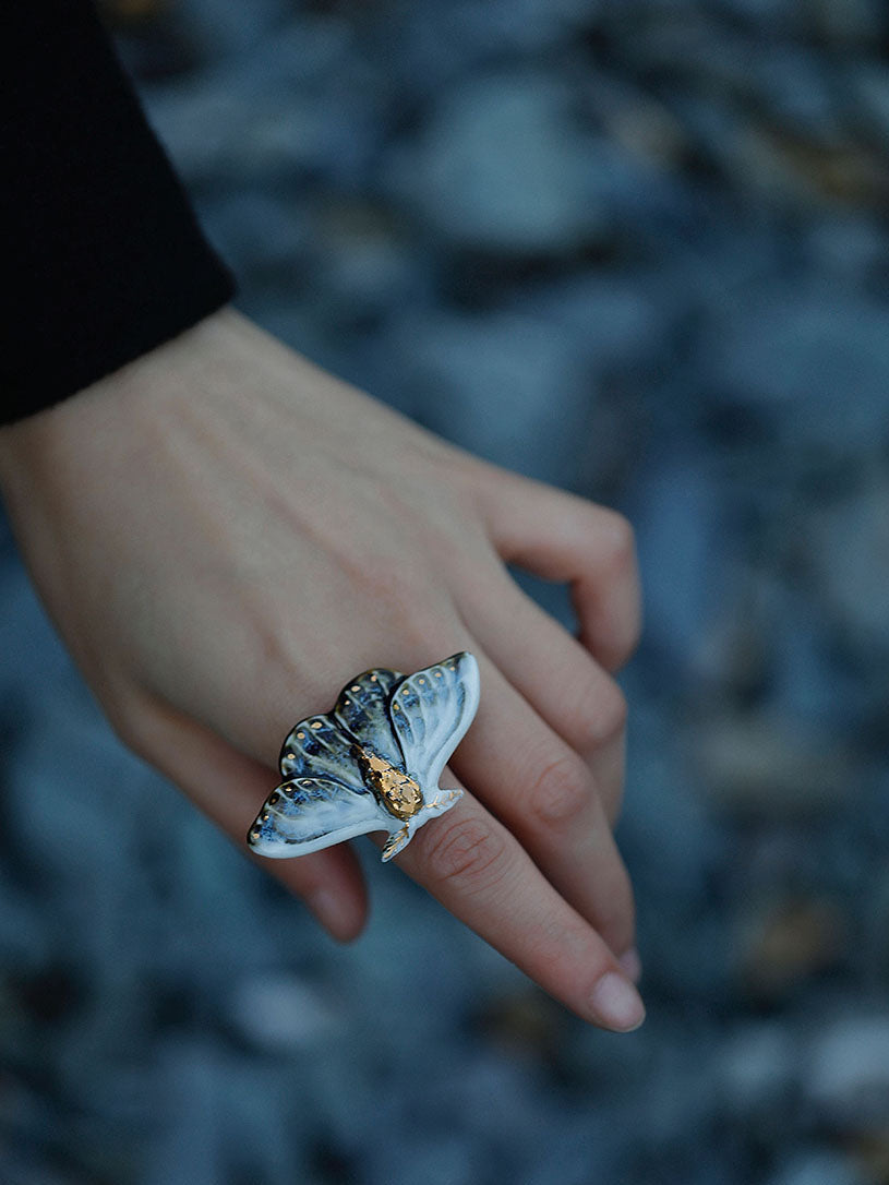 Handmade Ceramic Blue Moth Ring,Lumivault.