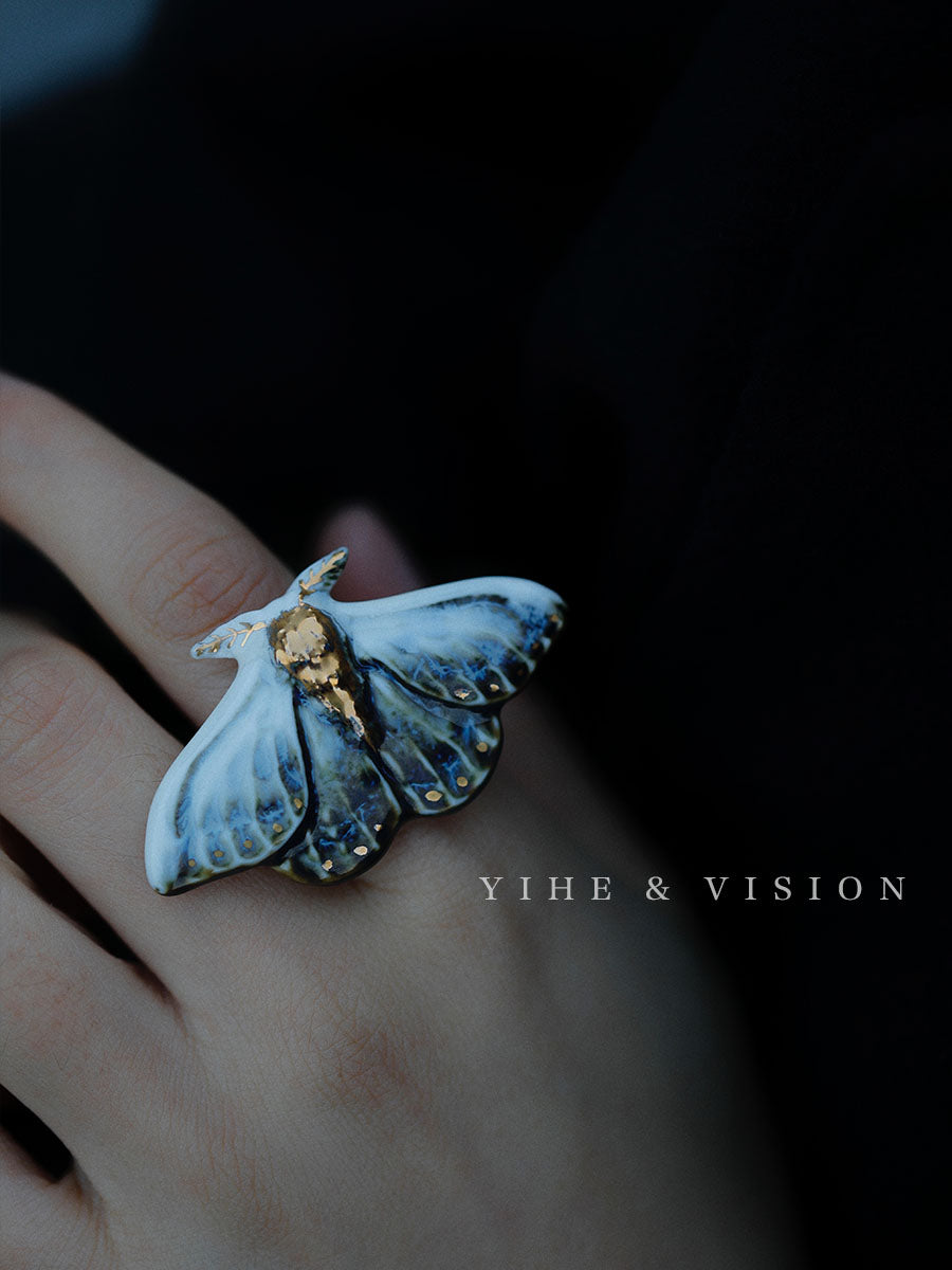 Handmade Ceramic Blue Moth Ring,Lumivault.