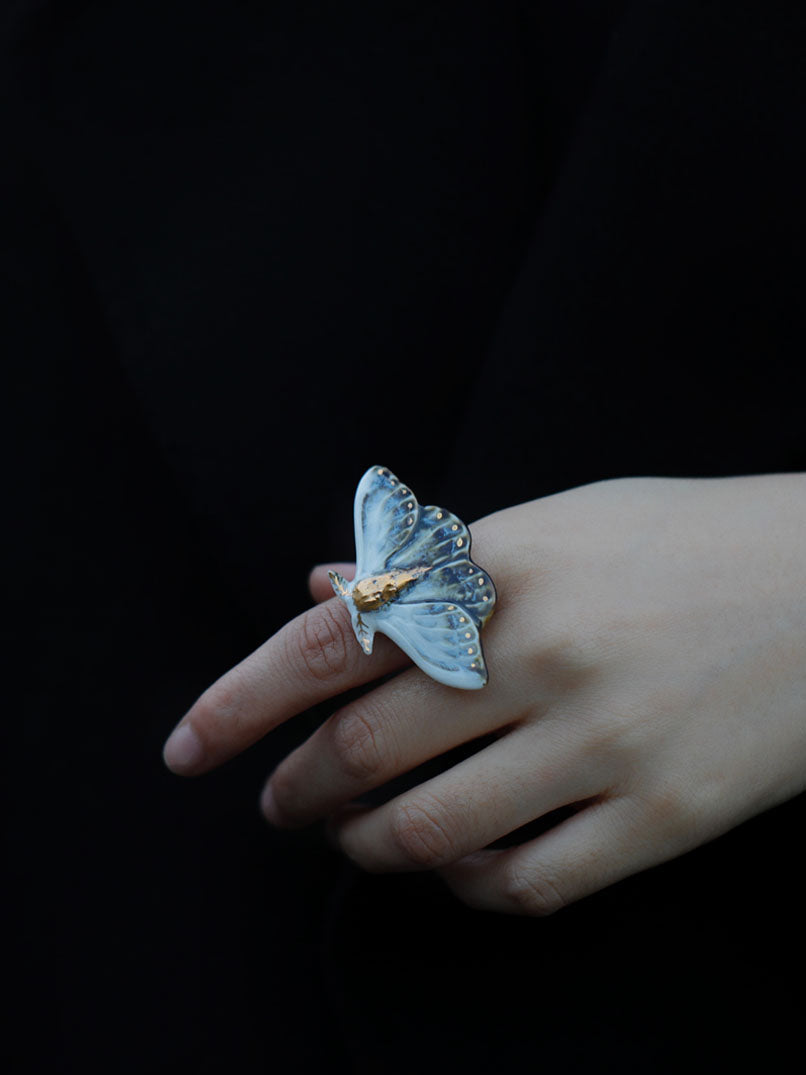 Handmade Ceramic Blue Moth Ring,Lumivault.