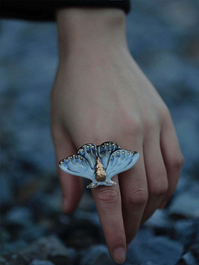 Handmade Ceramic Blue Moth Ring,Lumivault.
