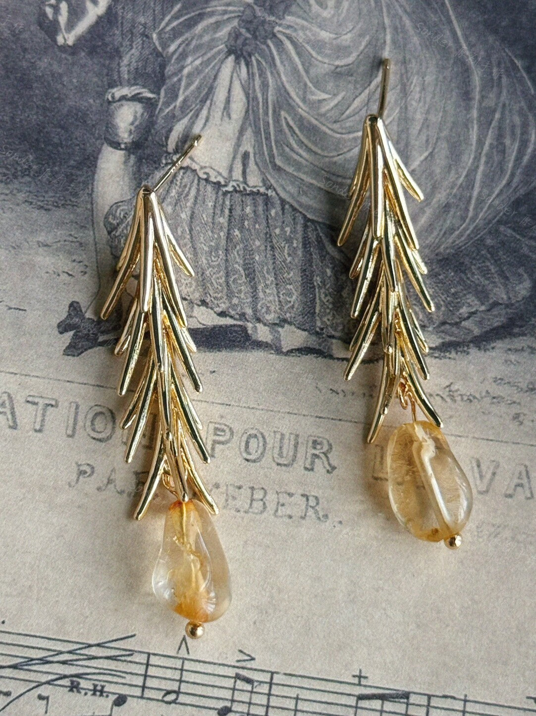 Handmade Pine Citrine Earrings,Lumivault.