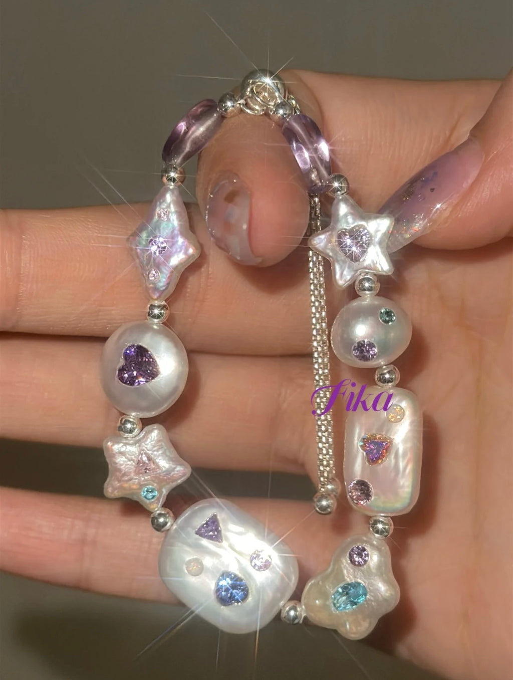 Handmade Purple Wish Star Beaded Bracelet,Silver,Lumivault.