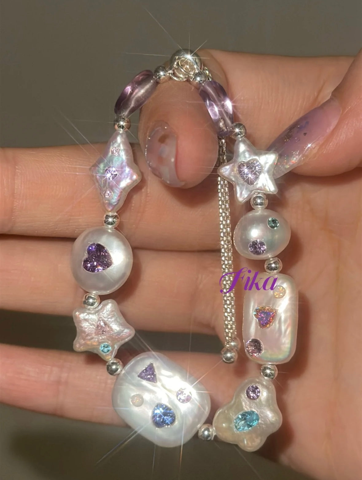 Handmade Purple Wish Star Beaded Bracelet,Silver,Lumivault.