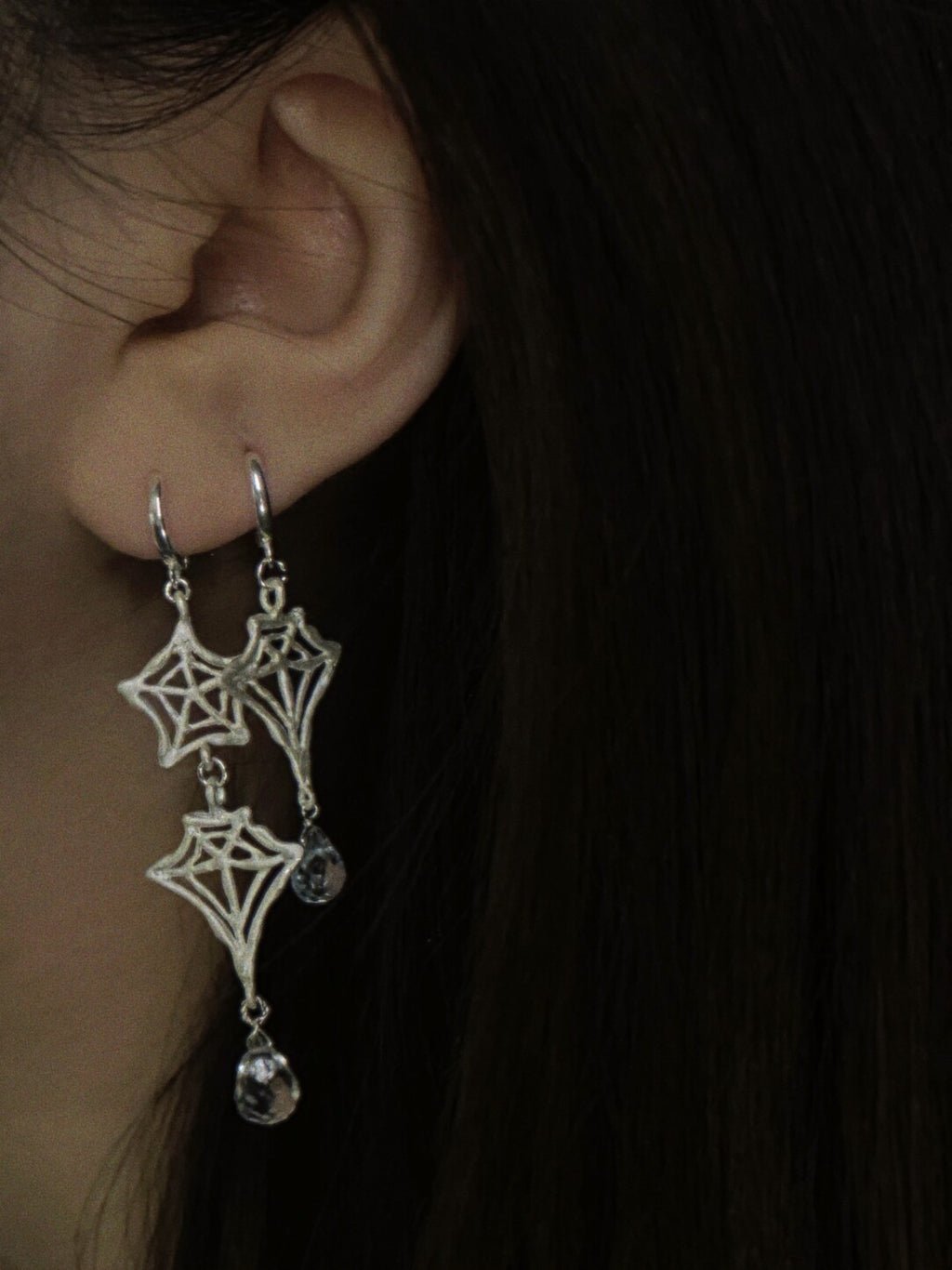 Handmade Spider Web Star Gemstone Silver Single Earring,Lumivault.