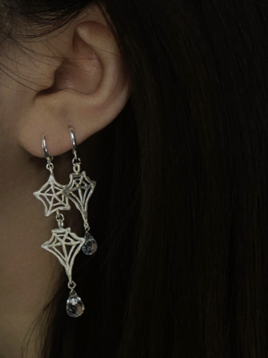 Handmade Spider Web Star Gemstone Silver Single Earring,Lumivault.