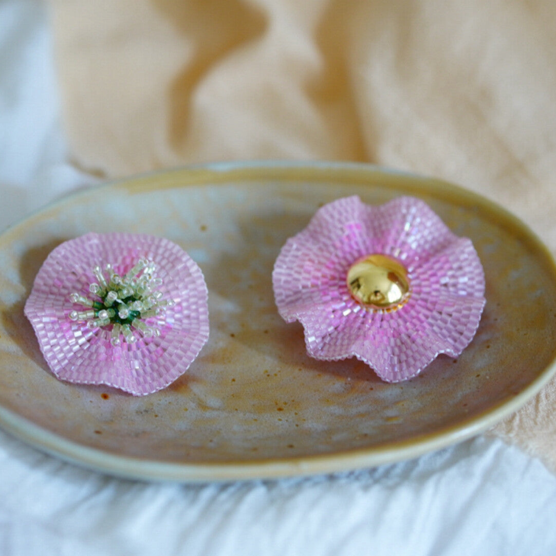 Handmade Pink Flower MIYUKI Beaded Earrings,Large Stud Earrings (about 5 cm) / Green Stamen,Lumivault.