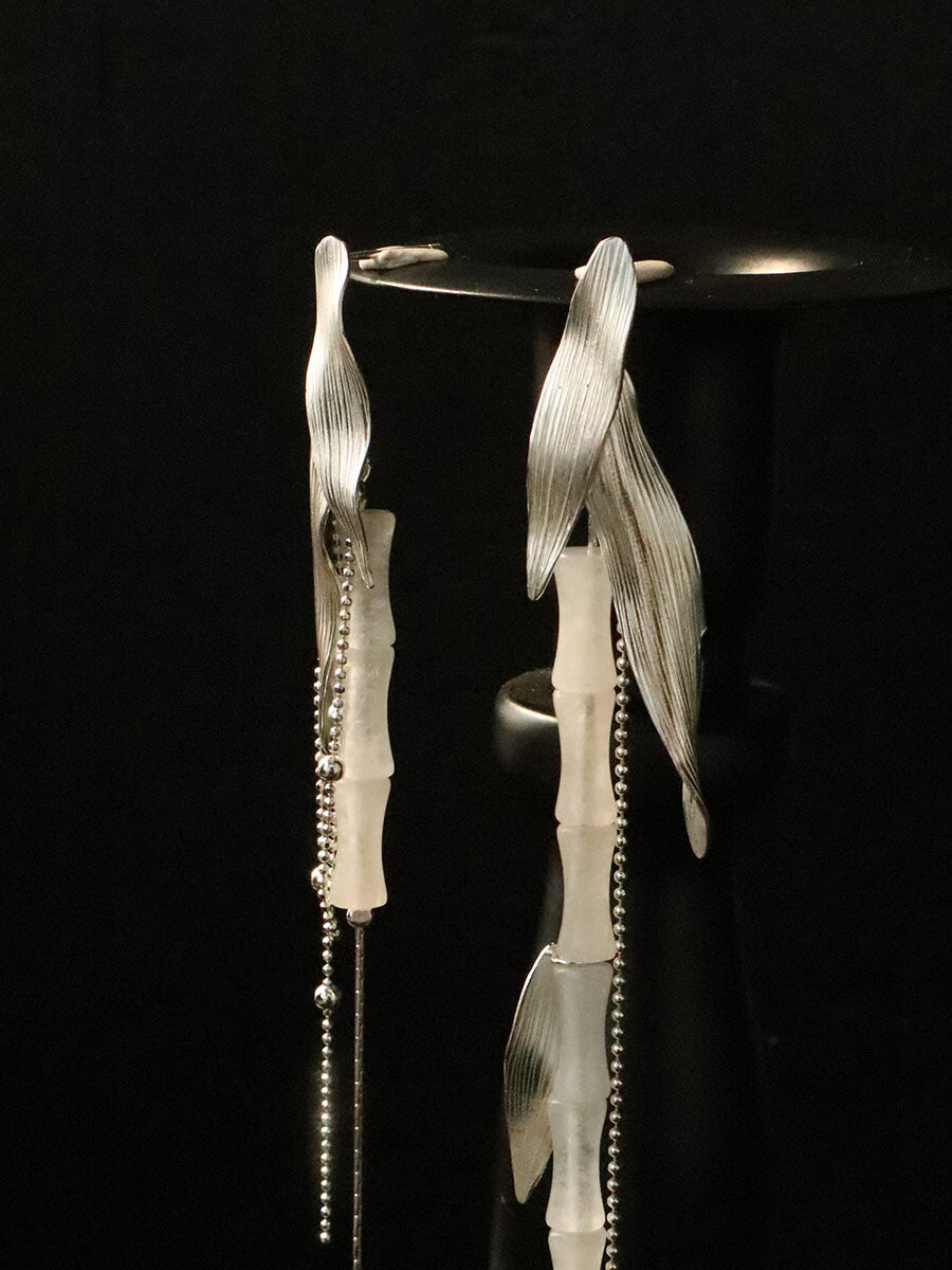 Bamboo Shadow Silver Earrings,White Jade,Lumivault.