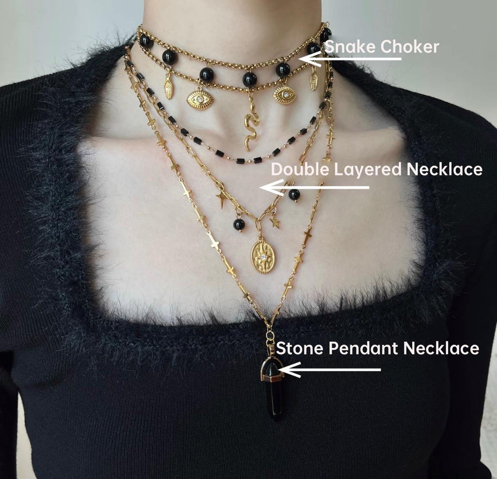 Midnight Sniper Black Gold Snake Layered Necklace,Snake Choker,Lumivault.