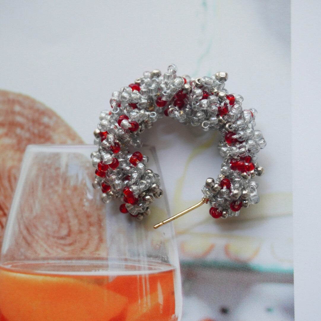 Light Color Beaded Hoop Earrings,Silver Gray and Red / Studs,Lumivault.