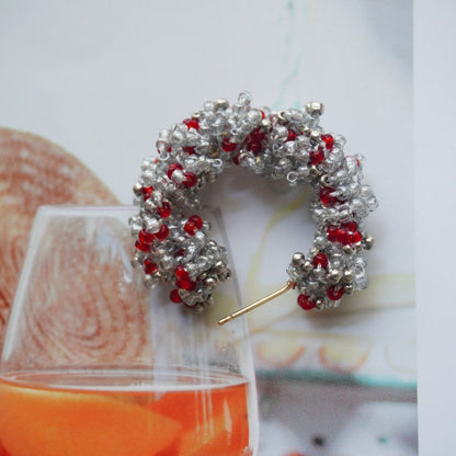 Light Color Beaded Hoop Earrings,Silver Gray and Red / Studs,Lumivault.