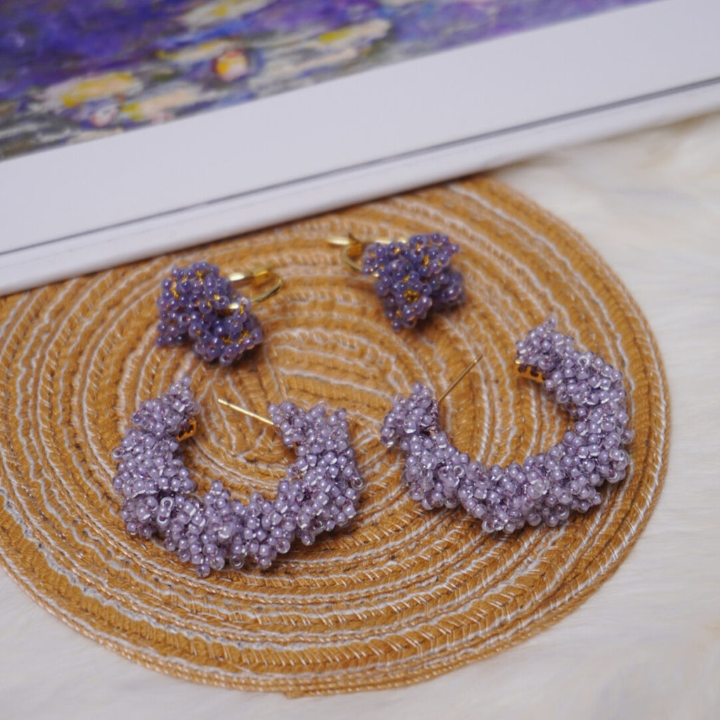 Light Color Beaded Hoop Earrings,Lilac Purple / Studs,Lumivault.
