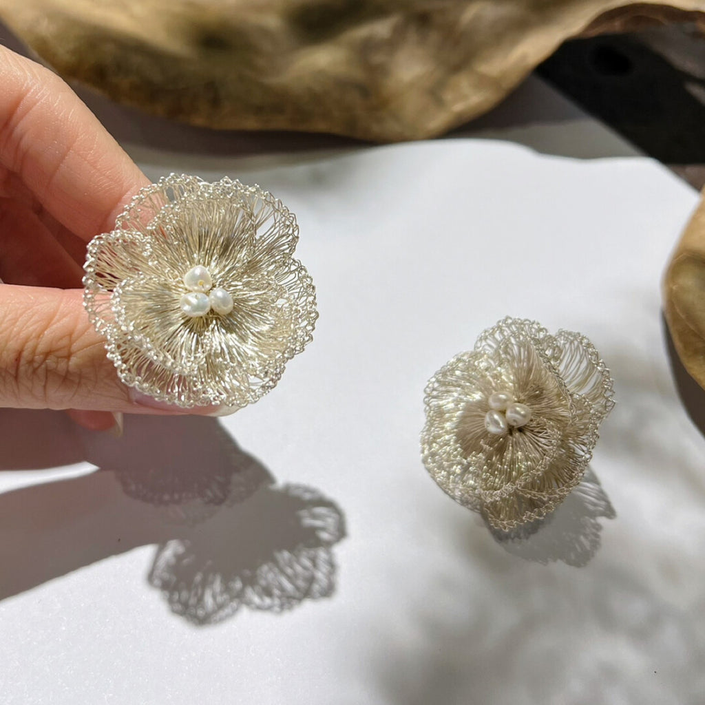 Metal Woven Camellia Freshwater Pearl Earrings,Lumivault.