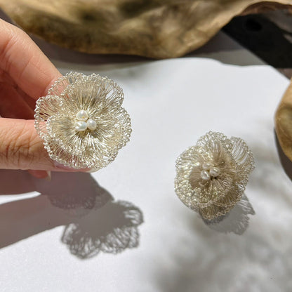Metal Woven Camellia Freshwater Pearl Earrings