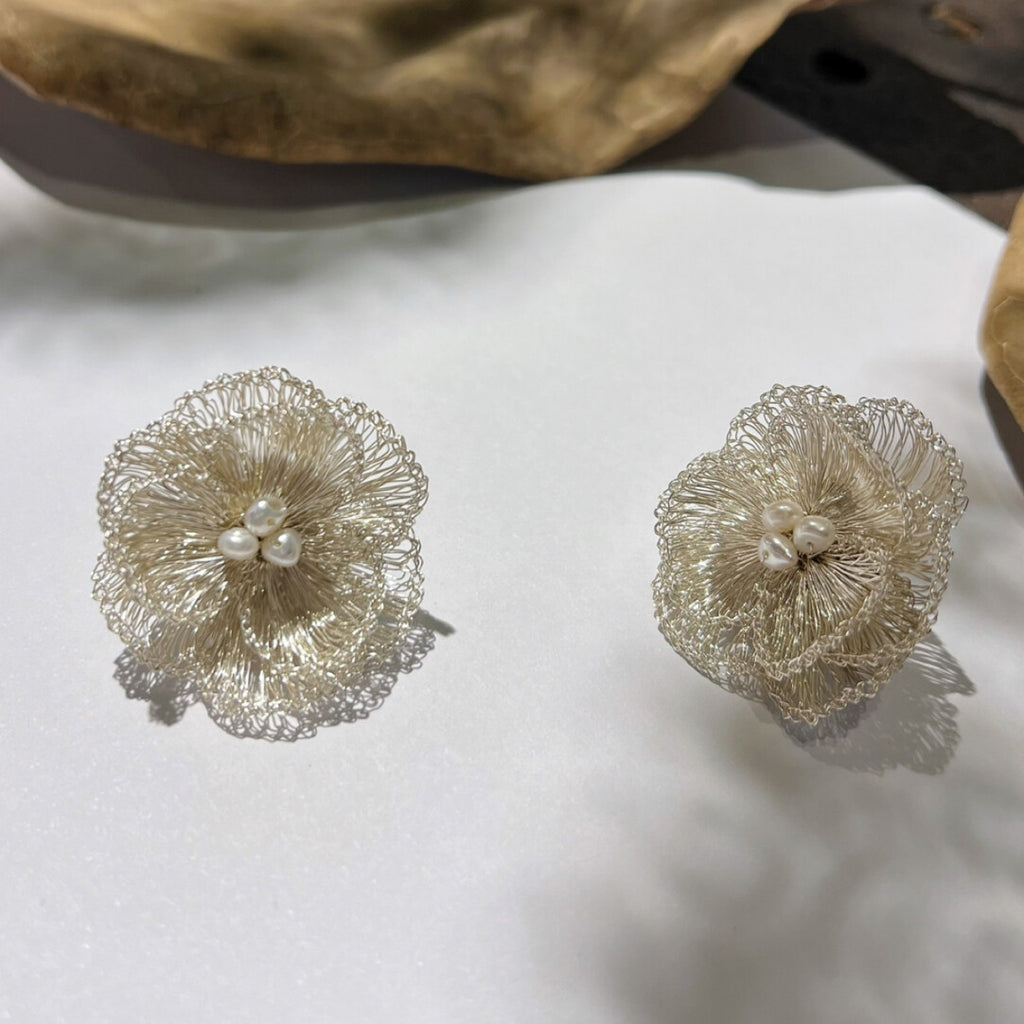Metal Woven Camellia Freshwater Pearl Earrings,Clips,Lumivault.