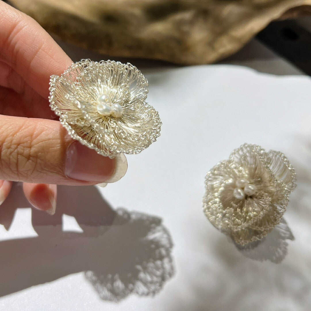 Metal Woven Camellia Freshwater Pearl Earrings