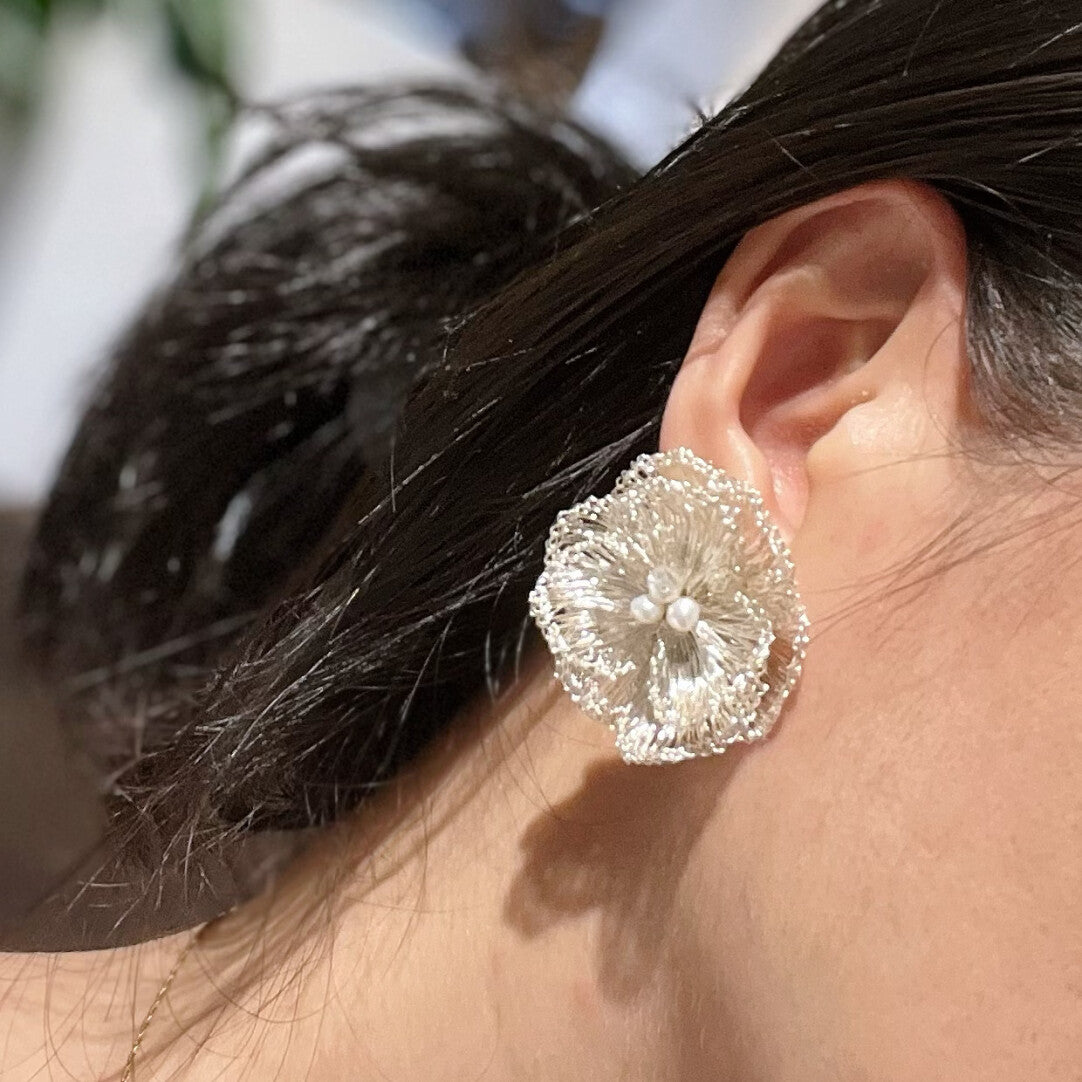 Metal Woven Camellia Freshwater Pearl Earrings