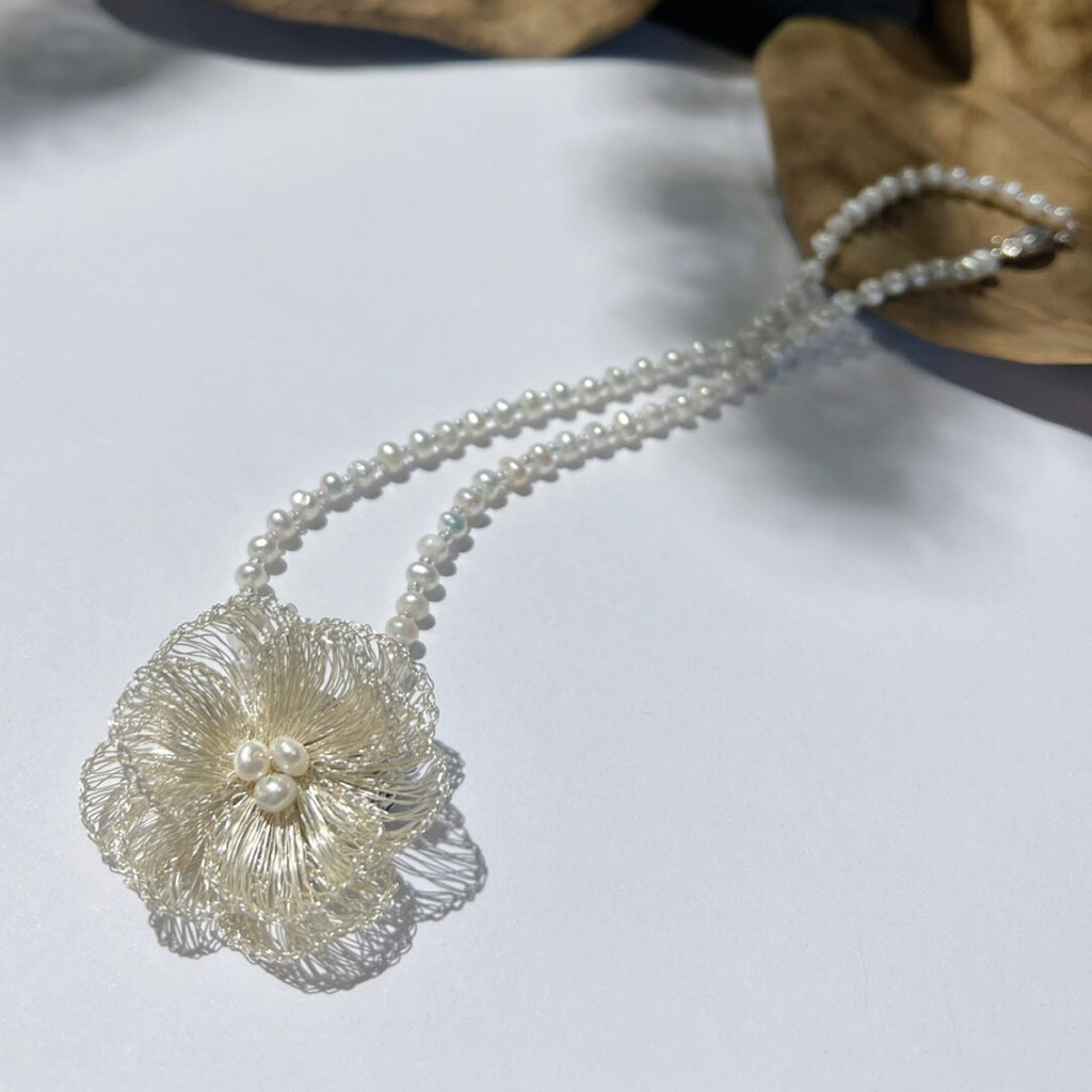 Metal Woven Camellia Freshwater Pearl Earrings,Choker 35cm,Lumivault.