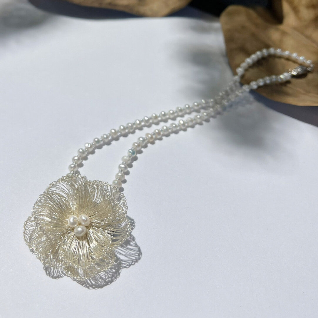 Metal Woven Camellia Freshwater Pearl Earrings,Choker 35cm,Lumivault.