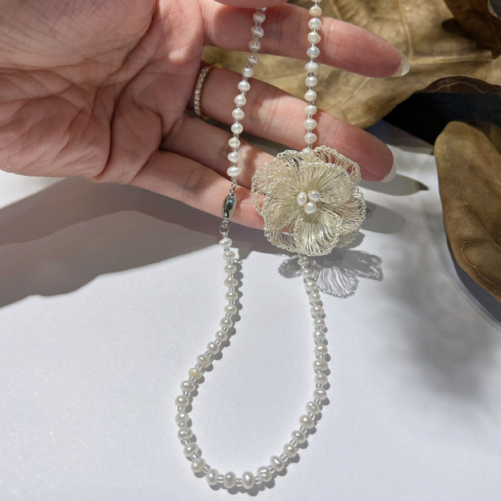Metal Woven Camellia Freshwater Pearl Earrings,Lumivault.
