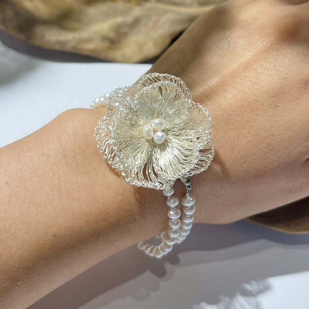 Metal Woven Camellia Freshwater Pearl Earrings,Bracelet,Lumivault.