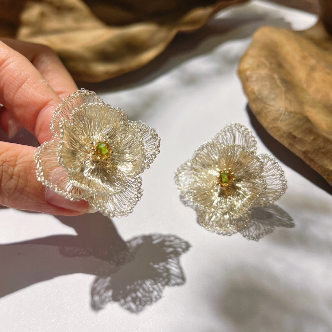 Metal Woven Double Layer Flower Earrings,Lumivault.