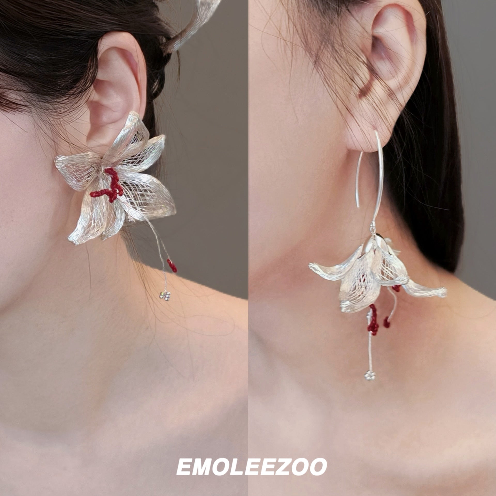 Metal Woven Lily Earrings,One Stud + One Hook,Lumivault.