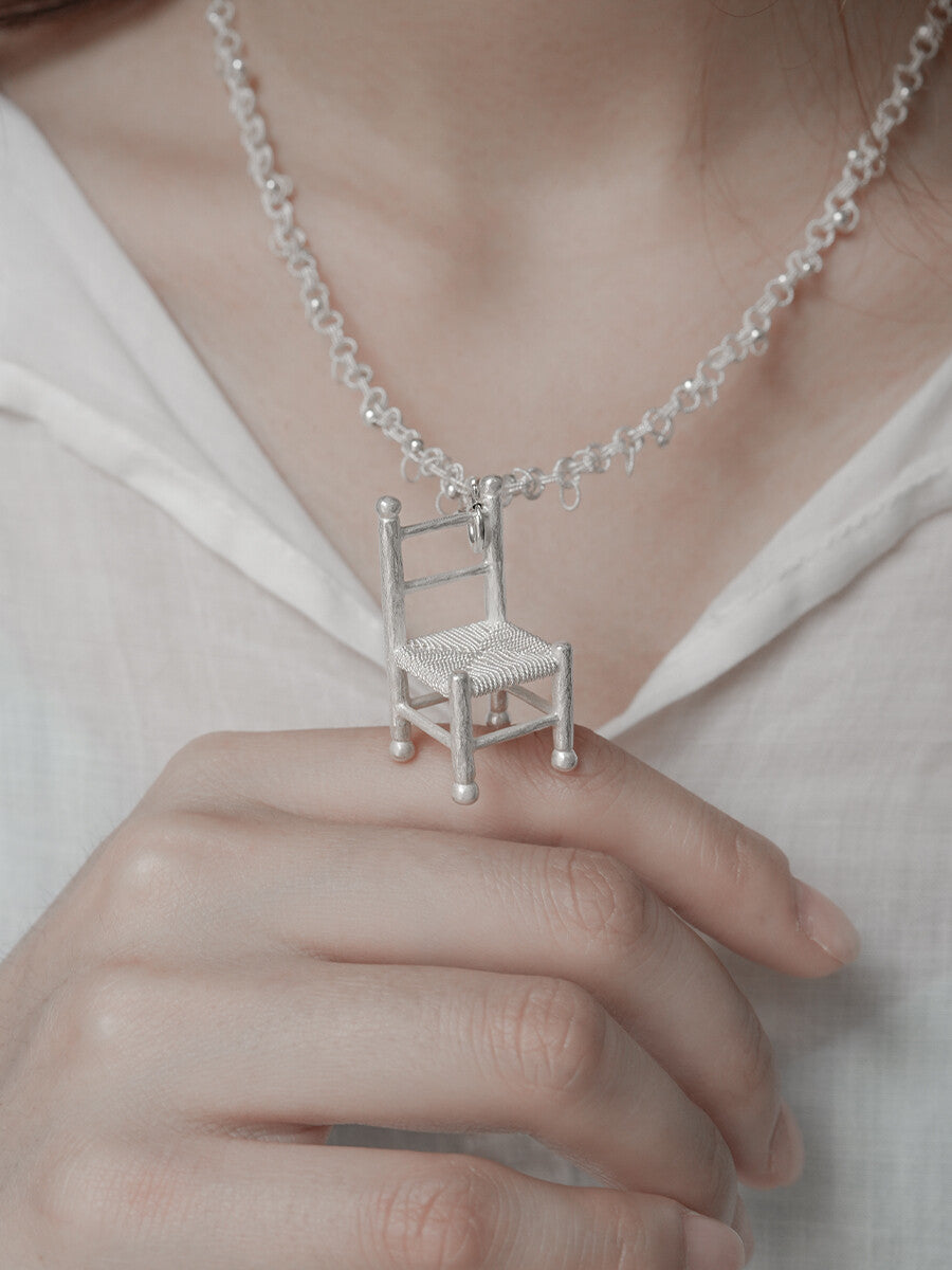 Mini Chair Silver Filigree Necklace,Mini Chair Pendant+Silver Filigree Chain,Lumivault.