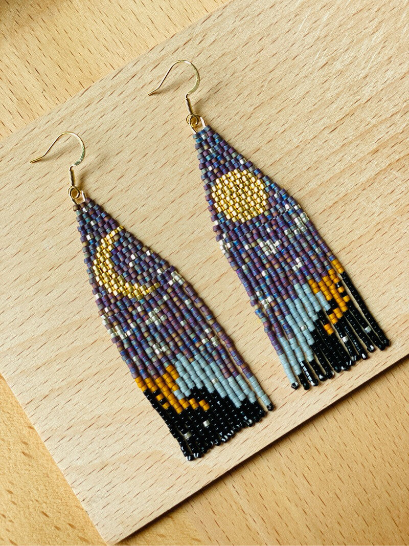 Moon and Sixpence MIYUKI Beaded Earrings,Dark (One Crescent Moon + One Full Moon) / Studs,Lumivault.