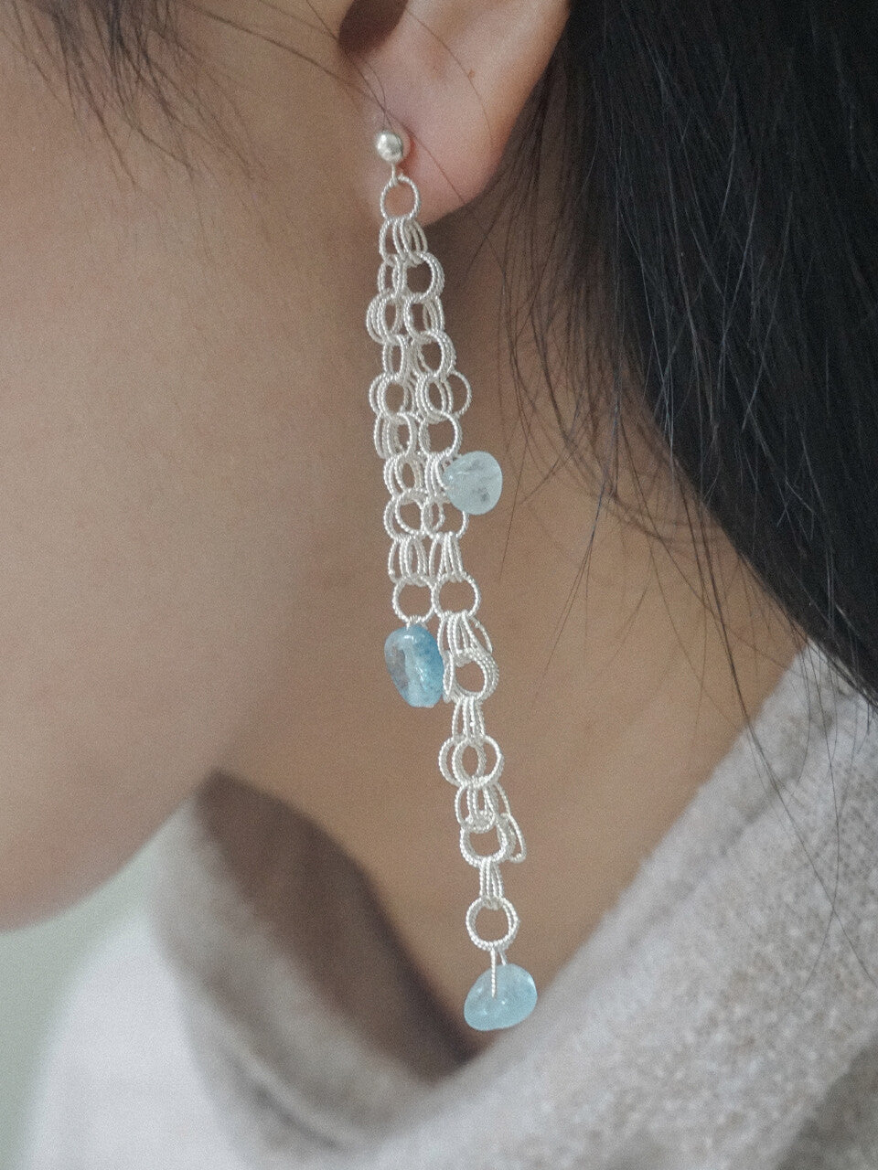 Morning Dew Silver Filigree Earrings,Single Earring-Aquamarine / Studs,Lumivault.